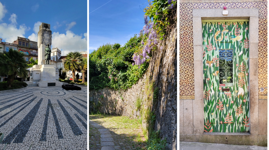 Walking Porto. World War I 
monument to Portuguese infantrymen at Praca de Carlos Alberto; walking along the old city wall, veiled with wisteria; decorative doors and an infinite variety of tiles abound.