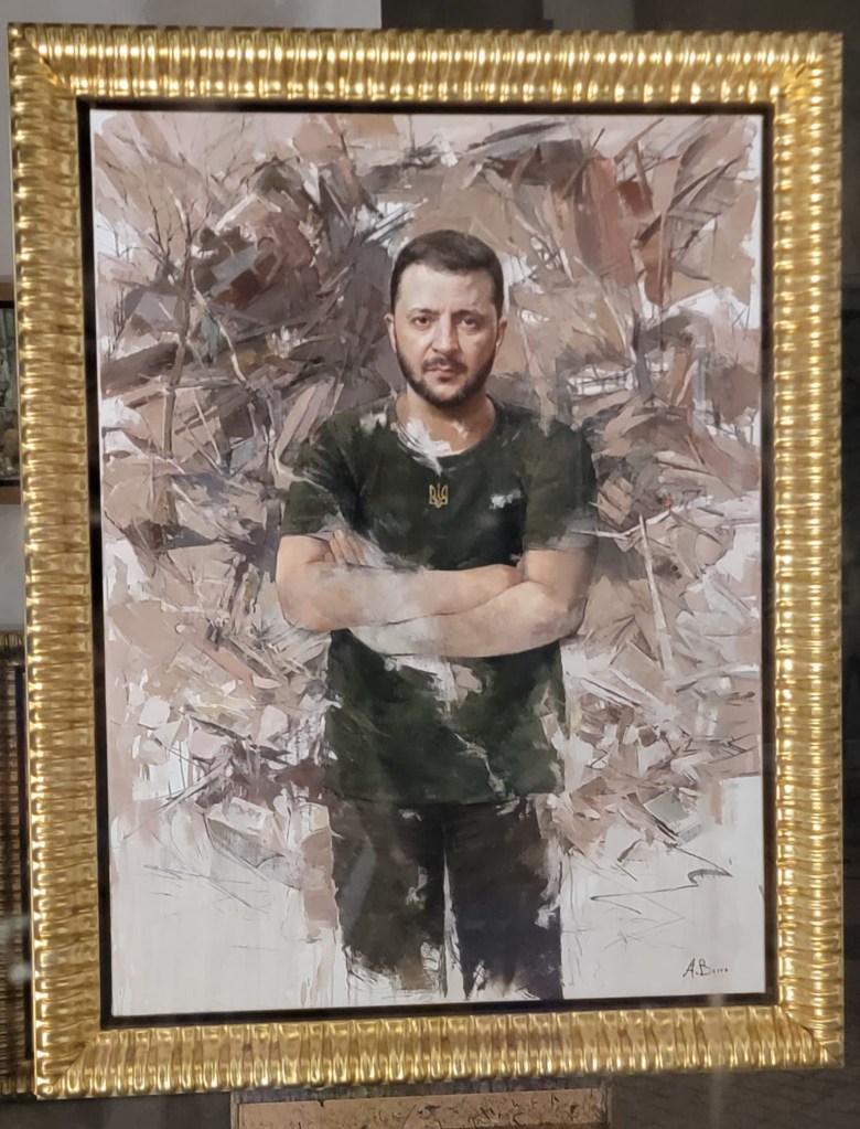 Portrait of Volodymyr Olexandrovytch Zelensky, by Antonio Bessa, renowned Portuguese painter. Taken at the artist's studio in Porto, Portugal