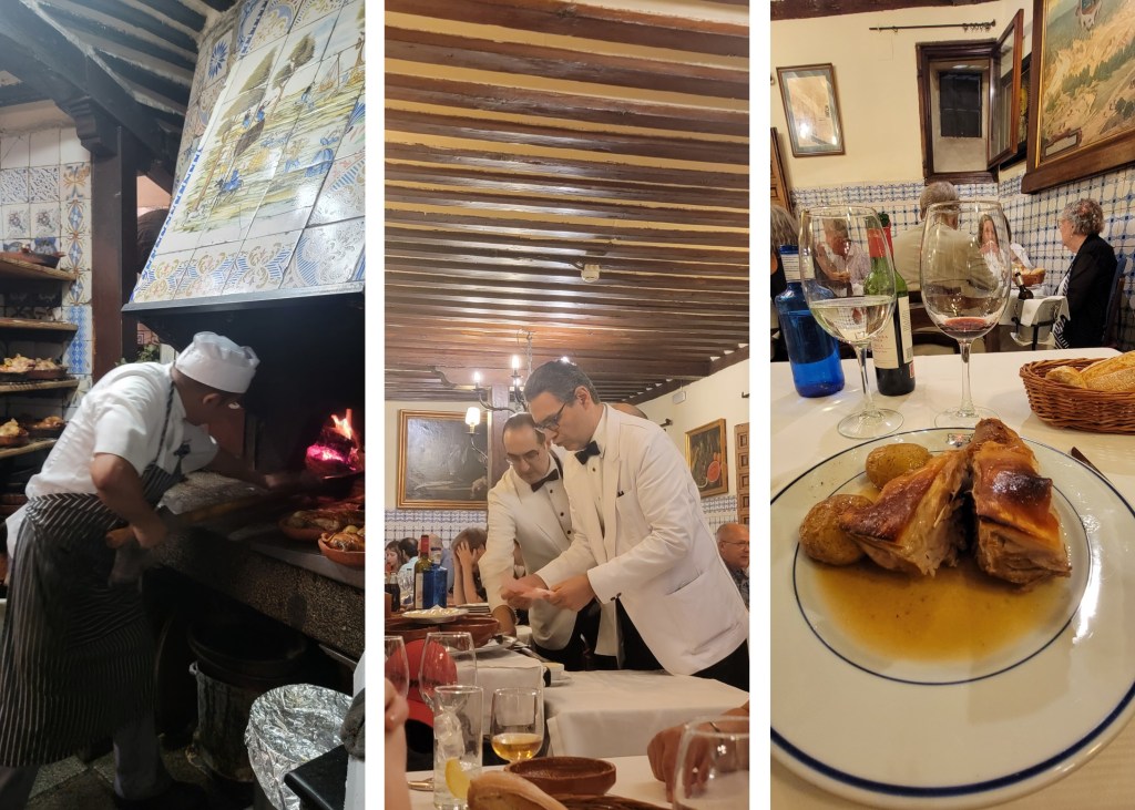 Scenes from the Restaurant Botin, Madrid, Spain: the original roasting oven, still in use; waiters preparing to serve an entree; plate with roast suckling pig and potatoes.
