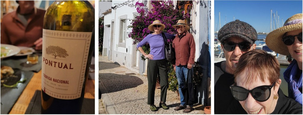 Scenes in Tavira Portugal: wine bottle, friends on street