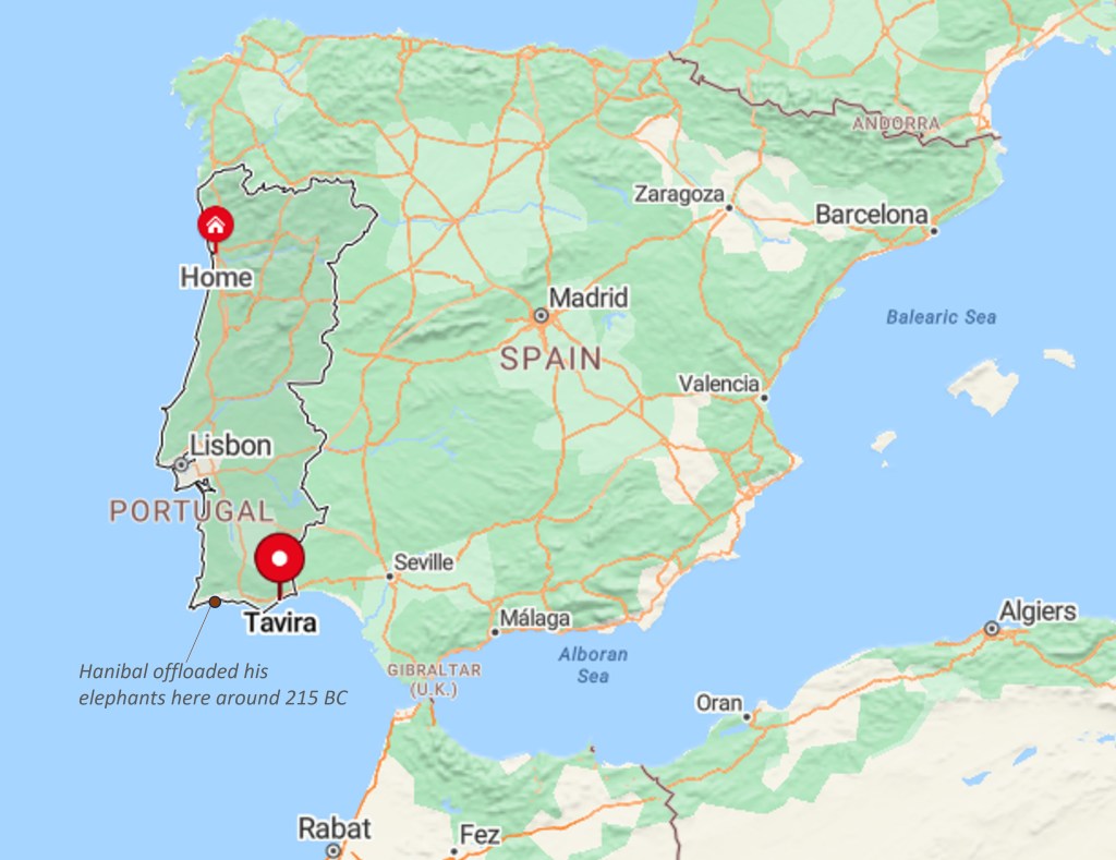 Map of Portugal showing location of Tavira and proximity to Spain and North Africa
